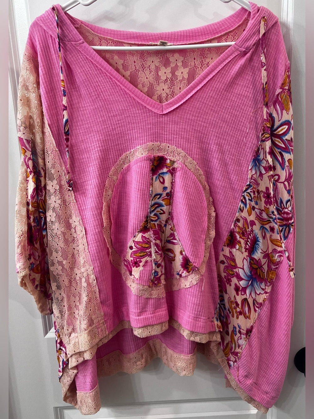 NWOT POL Women's Patchwork Lace Peace Sign Top, Pink, S